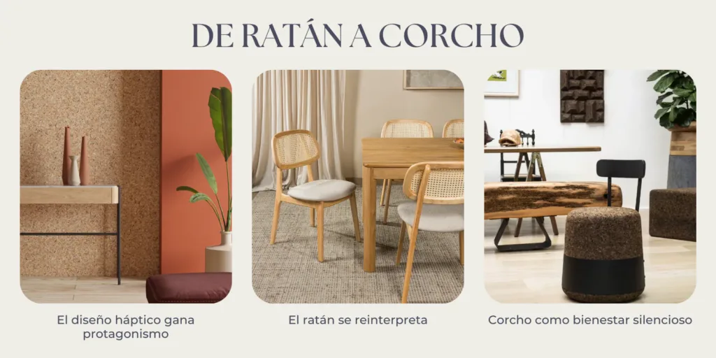 Rattan, cortiça e texturas naturais