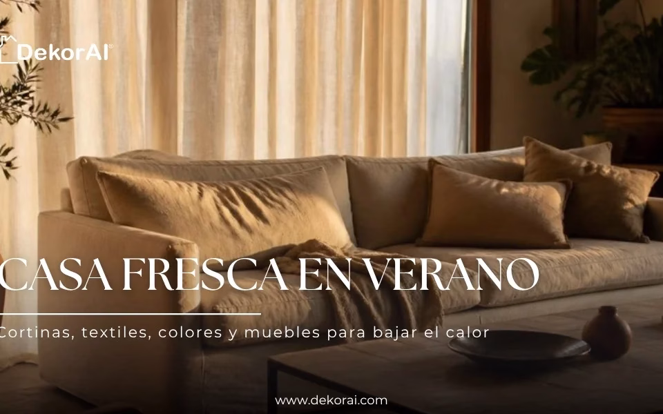 Sala de estar iluminada, decorada para o verão com cortinas leves, tecidos de linho e plantas.