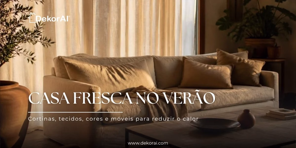 Sala de estar iluminada, decorada para o verão com cortinas leves, tecidos de linho e plantas.