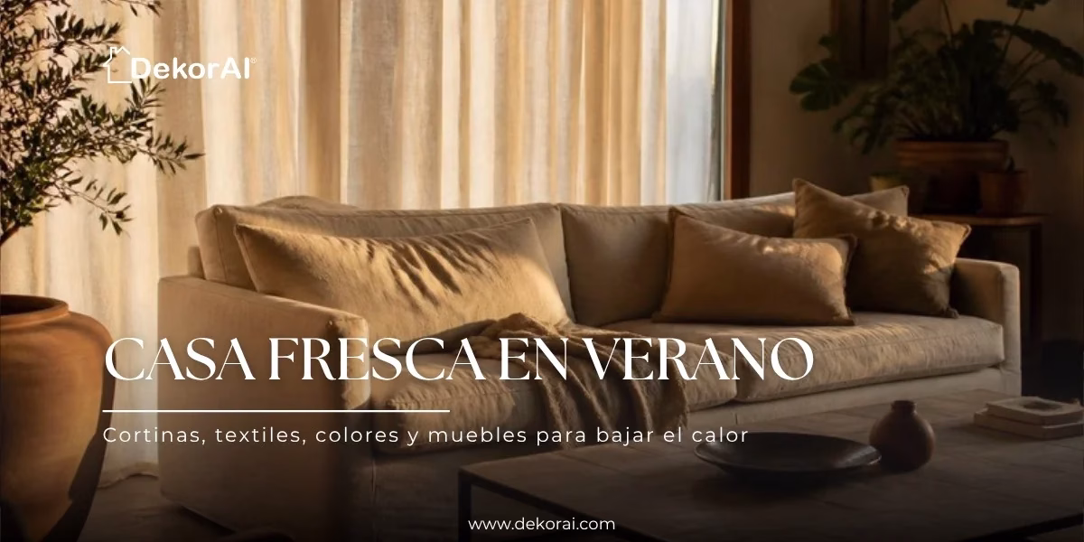 Living luminoso decorado para el verano con cortinas ligeras, textiles de lino y plantas