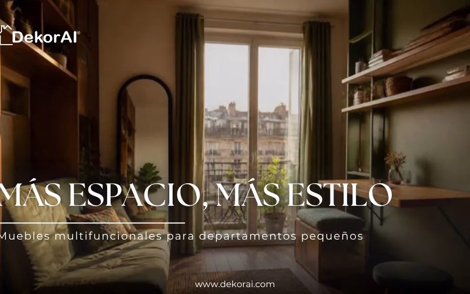 Más espacio, más estilo: living pequeño con sofá cama, repisas flotantes, escritorio abatible y puf con guardado junto a un balcón