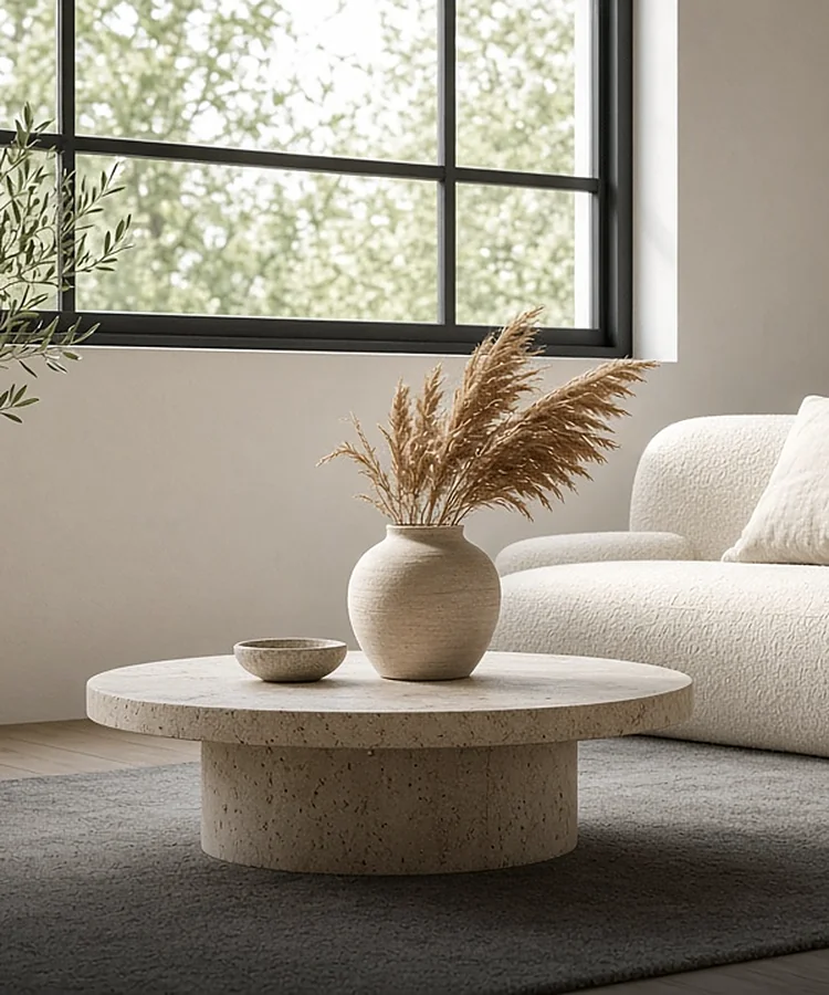 Living claro con mesa de travertino y sofá de bouclé, diseñado con IA en DekorAI