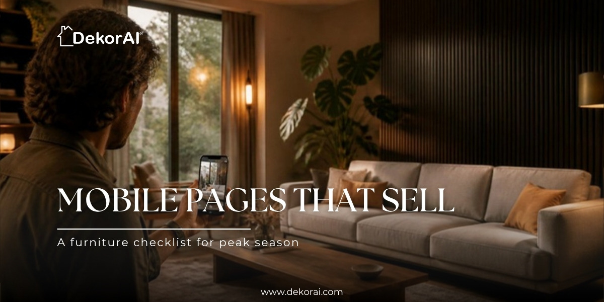 Mobile pages that sell: man checking a light sofa's product page on his phone in a warm living room