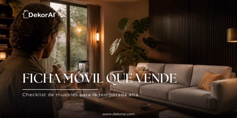 Ficha móvil que vende: hombre revisa en su celular la ficha de un sofá claro en un living cálido con paredes de listones de madera