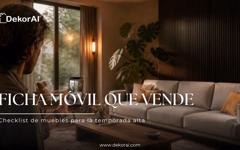 Ficha móvil que vende: hombre revisa en su celular la ficha de un sofá claro en un living cálido con paredes de listones de madera