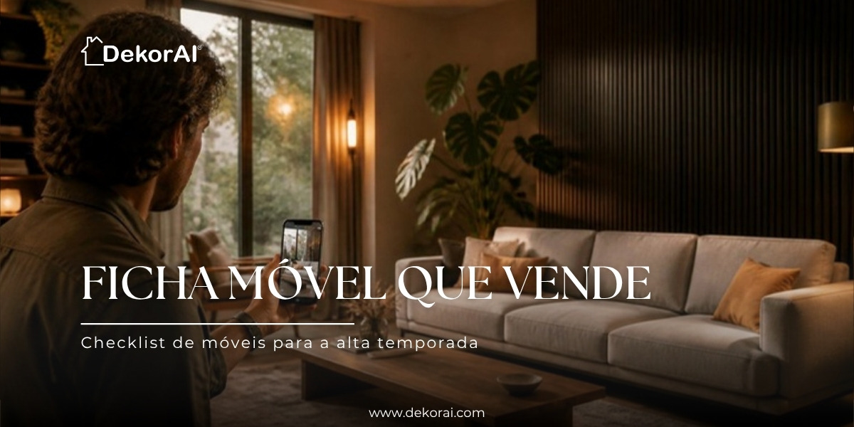 Ficha móvel que vende: homem consulta no celular a ficha de um sofá claro em uma sala aconchegante
