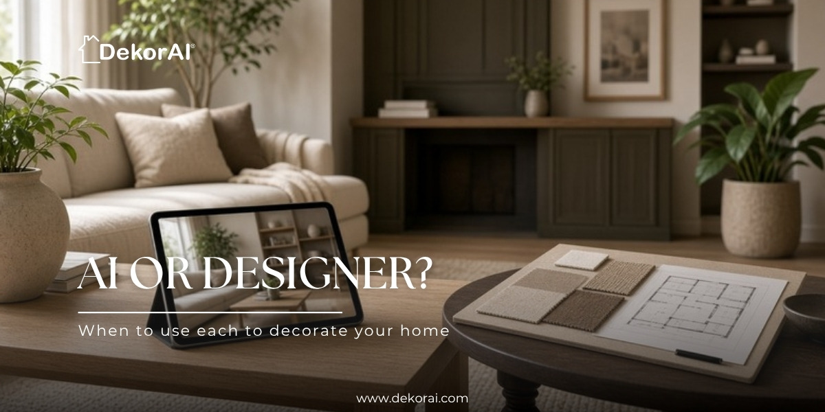 AI or designer? Warm living room with a tablet showing a redesign and rug samples on a floor plan