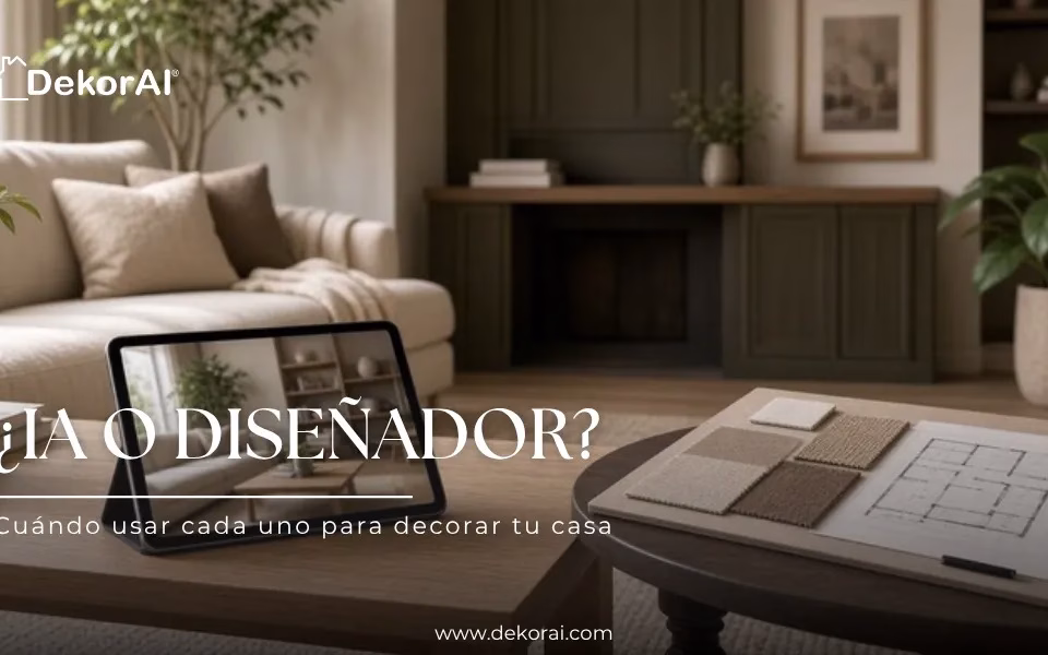 ¿IA o diseñador? Living cálido con una tablet que muestra un rediseño del espacio y muestras de alfombra sobre un plano