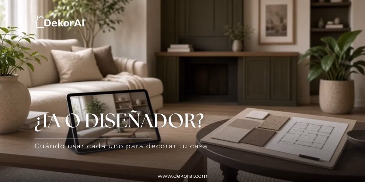 ¿IA o diseñador? Living cálido con una tablet que muestra un rediseño del espacio y muestras de alfombra sobre un plano