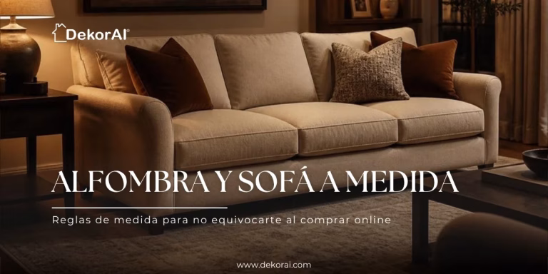 Living con sofá sobre una alfombra de tamaño correcto, guía de medidas de alfombra y sofá