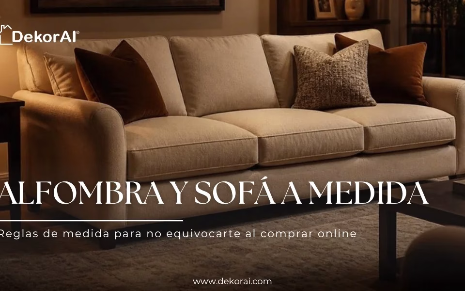 Sala de estar com sofá sobre um tapete de tamanho adequado, guia de medidas de tapete e sofá