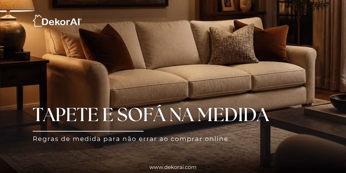 Sala de estar com sofá sobre um tapete de tamanho adequado, guia de medidas de tapete e sofá